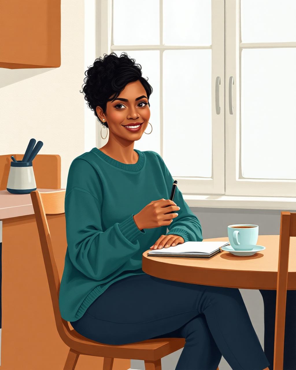 Illustration of Tess, your credit coach, seated at a kitchen table